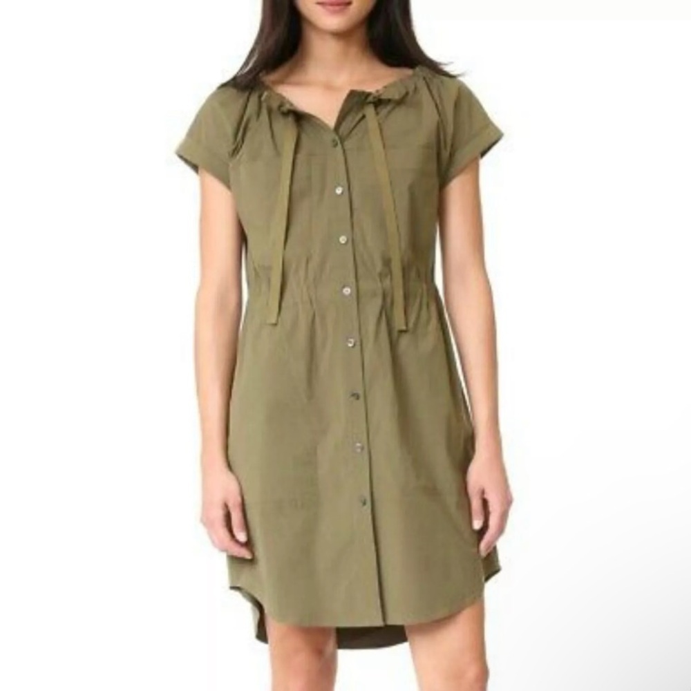 THEORY‎ Laela Shirt Dress Green Stretch Cotton Short Sleeve Drawstring